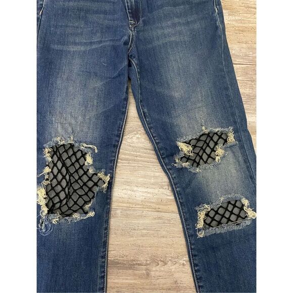 Blank NYC Straight Leg Jeans Distressed Fishnet Patches Women’s Sz 27 Waist - Picture 2 of 8